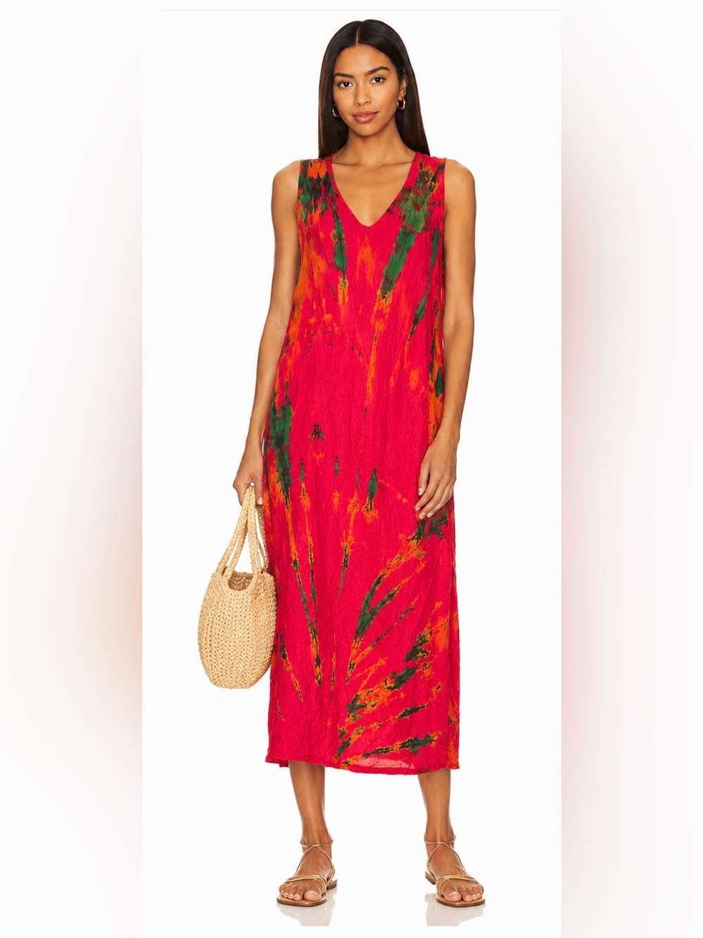 Vibrant Red Tie-Dye V-Neck midi Dress